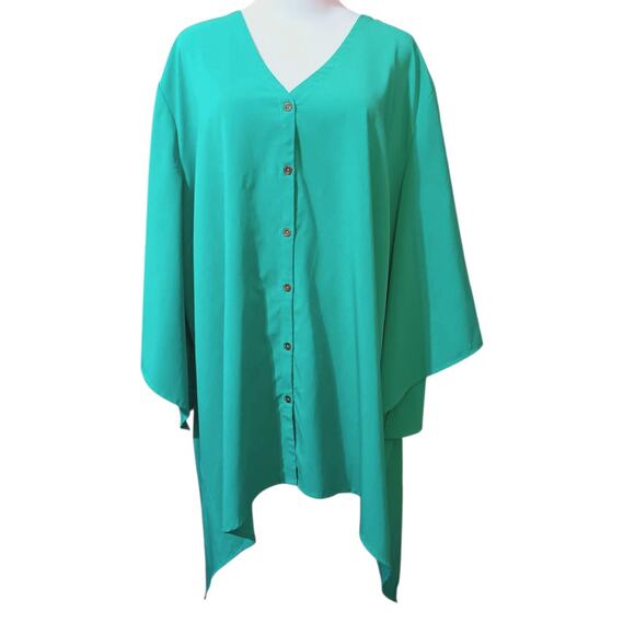 CATHERINES Turquoise Green Blouse Top Plus 3X Flowy Asymmetric Hem V-Neck Career - Picture 1 of 9